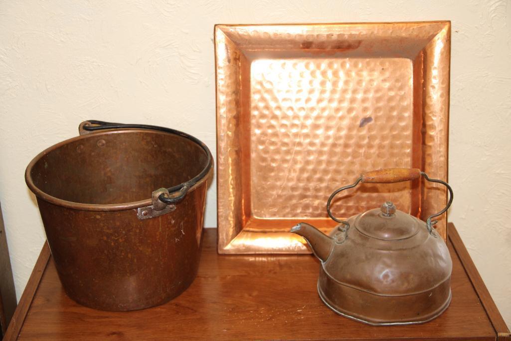 Hammered Copper Bucket, Revere Kettle, and Square Plate