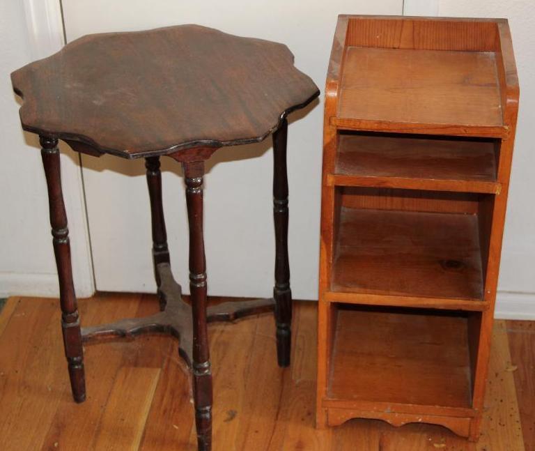Primitive Wood Shelf and Antique Side Table