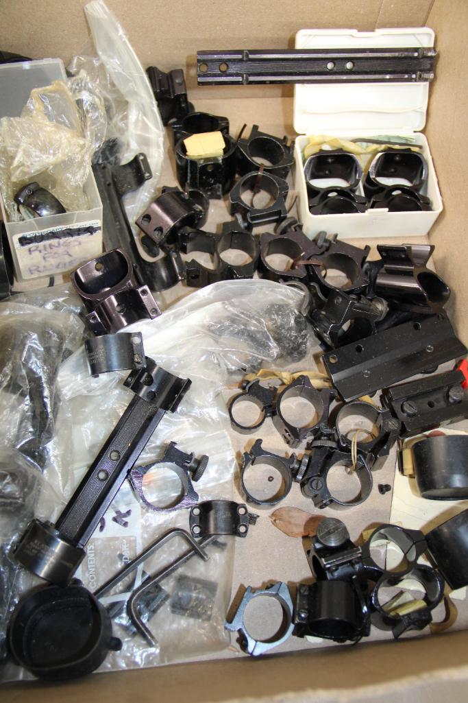 Box of Mixed Scope Rings, Mounts, and End Caps