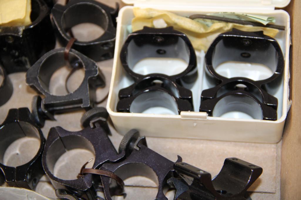Box of Mixed Scope Rings, Mounts, and End Caps