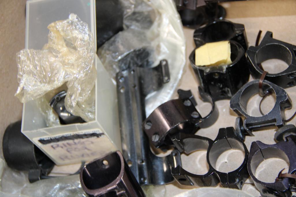 Box of Mixed Scope Rings, Mounts, and End Caps