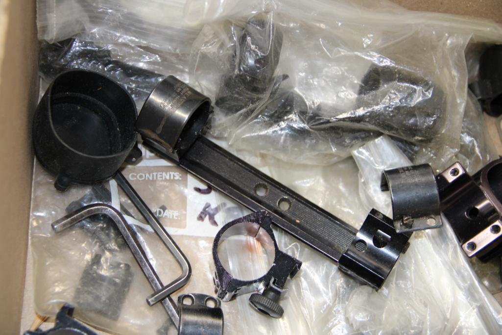 Box of Mixed Scope Rings, Mounts, and End Caps