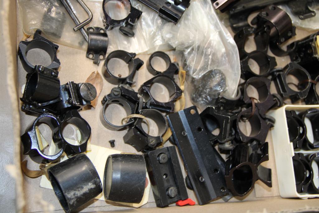 Box of Mixed Scope Rings, Mounts, and End Caps
