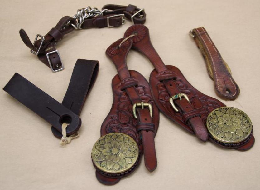 Excellent Tooled Leather Spur Straps with Large Brass Medallions by Bill Heisman