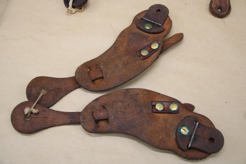 Excellent Tooled Leather Spur Straps with Large Brass Medallions by Bill Heisman