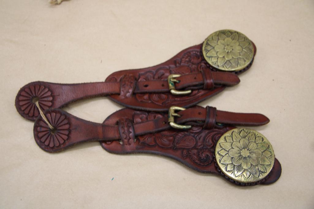Excellent Tooled Leather Spur Straps with Large Brass Medallions by Bill Heisman