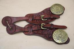 Excellent Tooled Leather Spur Straps with Large Brass Medallions by Bill Heisman