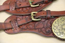 Excellent Tooled Leather Spur Straps with Large Brass Medallions by Bill Heisman