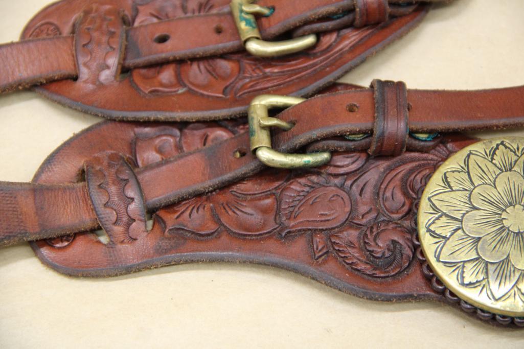 Excellent Tooled Leather Spur Straps with Large Brass Medallions by Bill Heisman