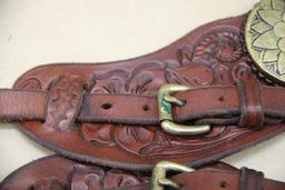 Excellent Tooled Leather Spur Straps with Large Brass Medallions by Bill Heisman