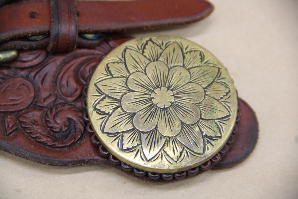 Excellent Tooled Leather Spur Straps with Large Brass Medallions by Bill Heisman