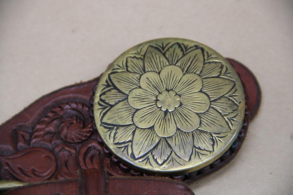 Excellent Tooled Leather Spur Straps with Large Brass Medallions by Bill Heisman