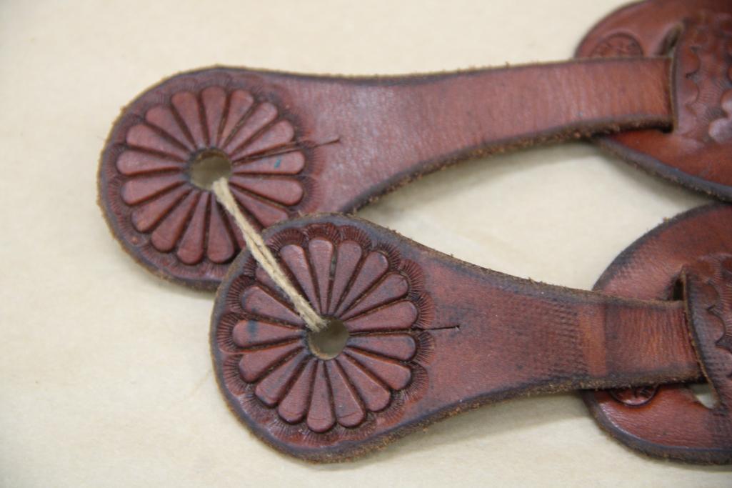 Excellent Tooled Leather Spur Straps with Large Brass Medallions by Bill Heisman