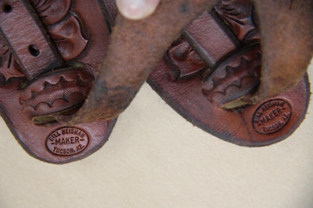 Excellent Tooled Leather Spur Straps with Large Brass Medallions by Bill Heisman