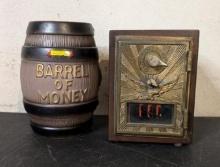 Mailbox Bank and Barrel of Money Bank