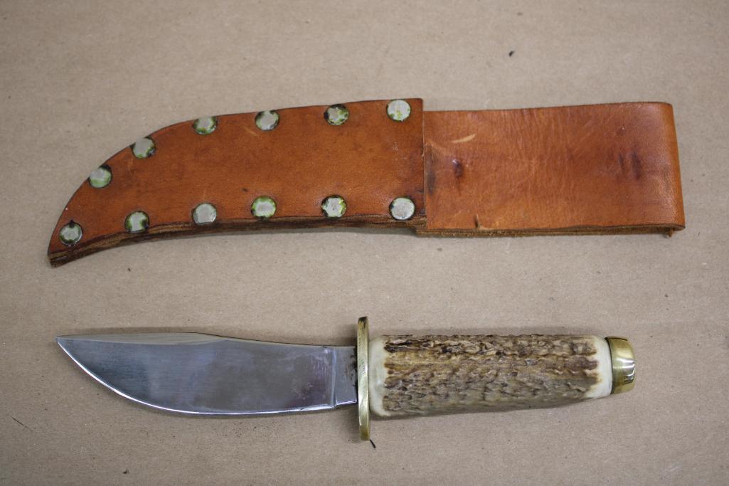 Stag Handle Hunting Knife in Leather Sheath