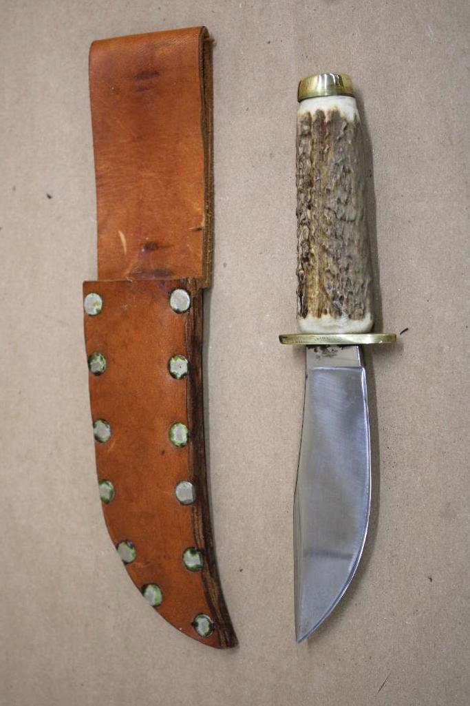 Stag Handle Hunting Knife in Leather Sheath