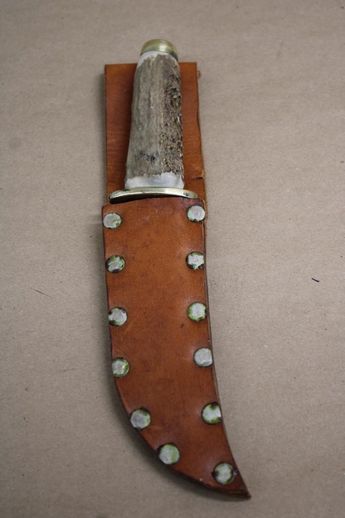Stag Handle Hunting Knife in Leather Sheath