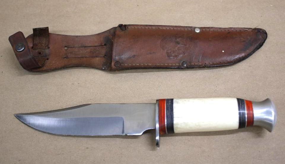 Unmarked Bone-Handle Hunting Knife in Leather Sheath