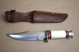 Unmarked Bone-Handle Hunting Knife in Leather Sheath