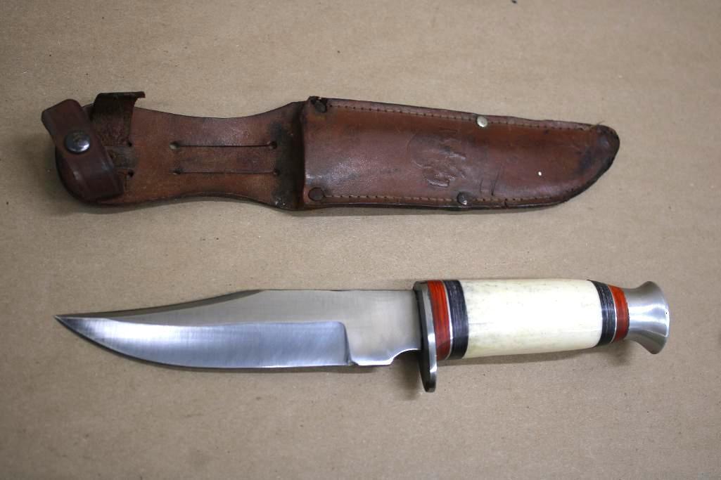 Unmarked Bone-Handle Hunting Knife in Leather Sheath