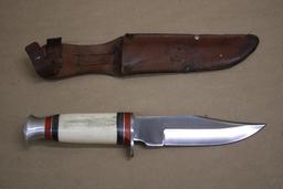Unmarked Bone-Handle Hunting Knife in Leather Sheath