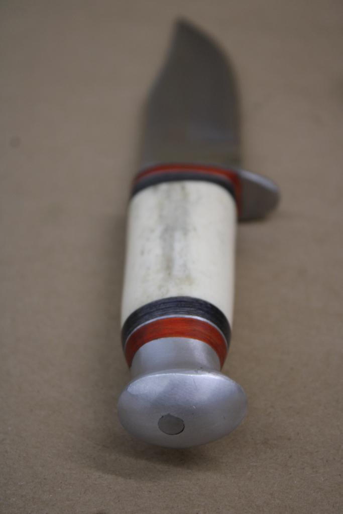 Unmarked Bone-Handle Hunting Knife in Leather Sheath
