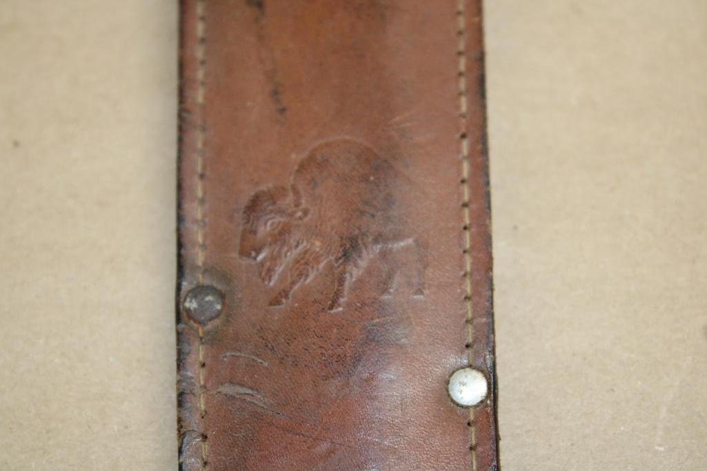 Unmarked Bone-Handle Hunting Knife in Leather Sheath