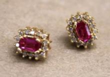 Beautiful 14K Gold Earrings with Cut White and Pink Stone Settings