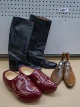 Black Vintage Leather Boots, Shoe Stretchers & Wooden Dutch Clogs