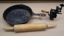 USA 10" Cast Iron Skillet & Ornate Antique Bean / Pasta Slicer