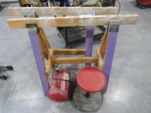 Air Tank, Rolling Shop Stool and Wooden Saw Horses