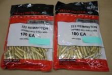 Two Packs of 100 Winchester 222 Remington Unprimed Brass Shellcasings