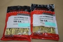 Two Packs of 100 Winchester 222 Remington Unprimed Brass Shellcasings