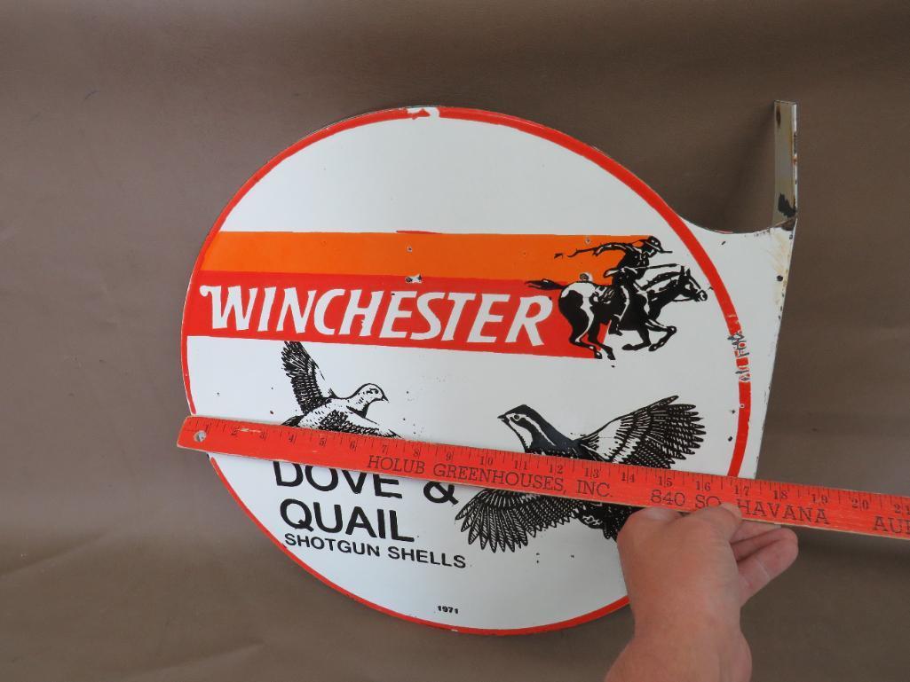 Winchester Dove and Quail Shotgun Shells Porcelain Flanged Advertising Sign