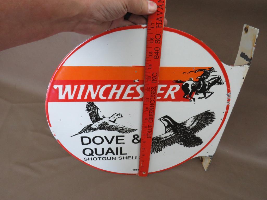 Winchester Dove and Quail Shotgun Shells Porcelain Flanged Advertising Sign