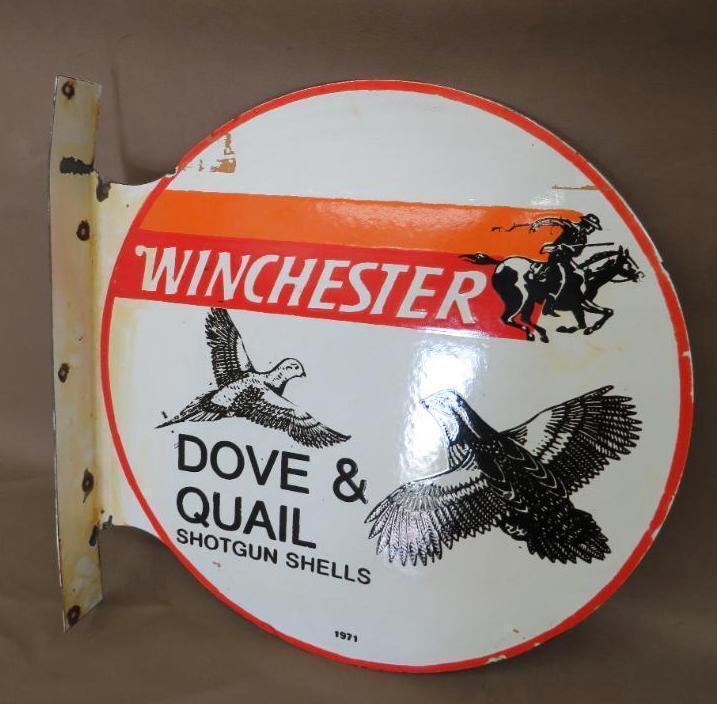 Winchester Dove and Quail Shotgun Shells Porcelain Flanged Advertising Sign
