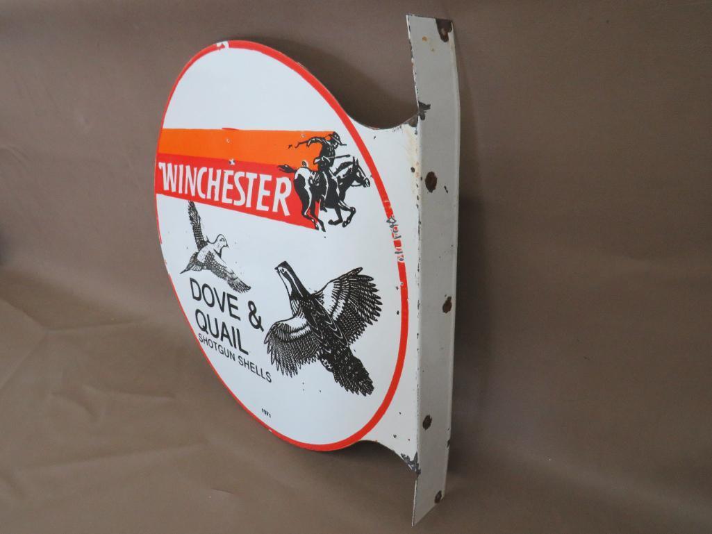 Winchester Dove and Quail Shotgun Shells Porcelain Flanged Advertising Sign