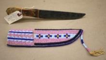 Beautiful Handmade Northern Plains Indian Horn Handle Knife and Beaded Sheath