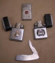 Three Zippo Lighters and Tiny Schrade Folding Knife