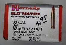 Box of 100 Hornady Eld-X 30 Caliber Bullets for Reloading
