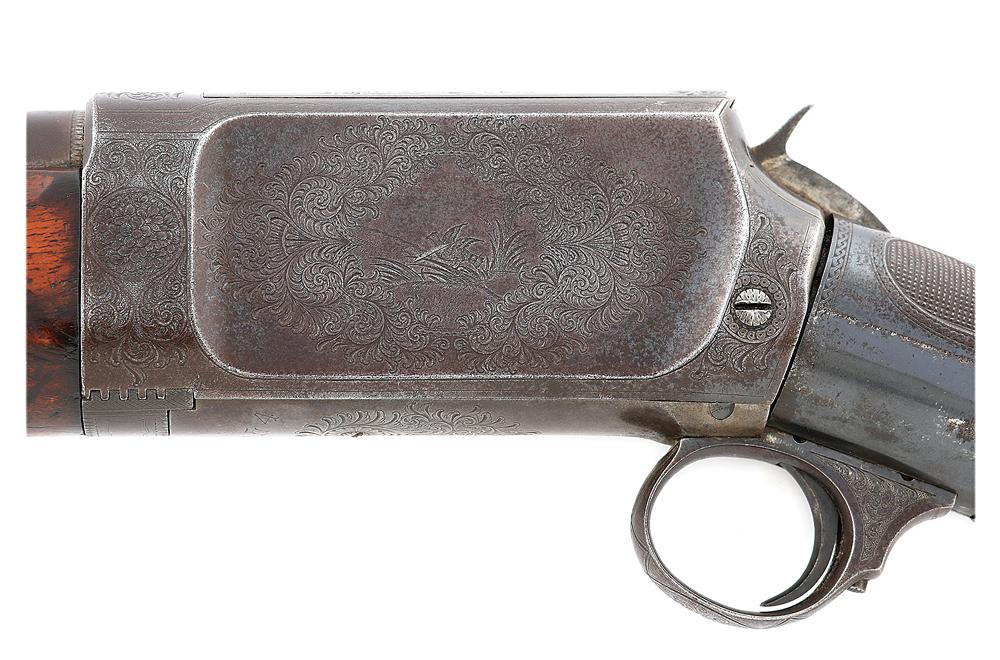Engraved Burgess Deluxe Slide Action Shotgun