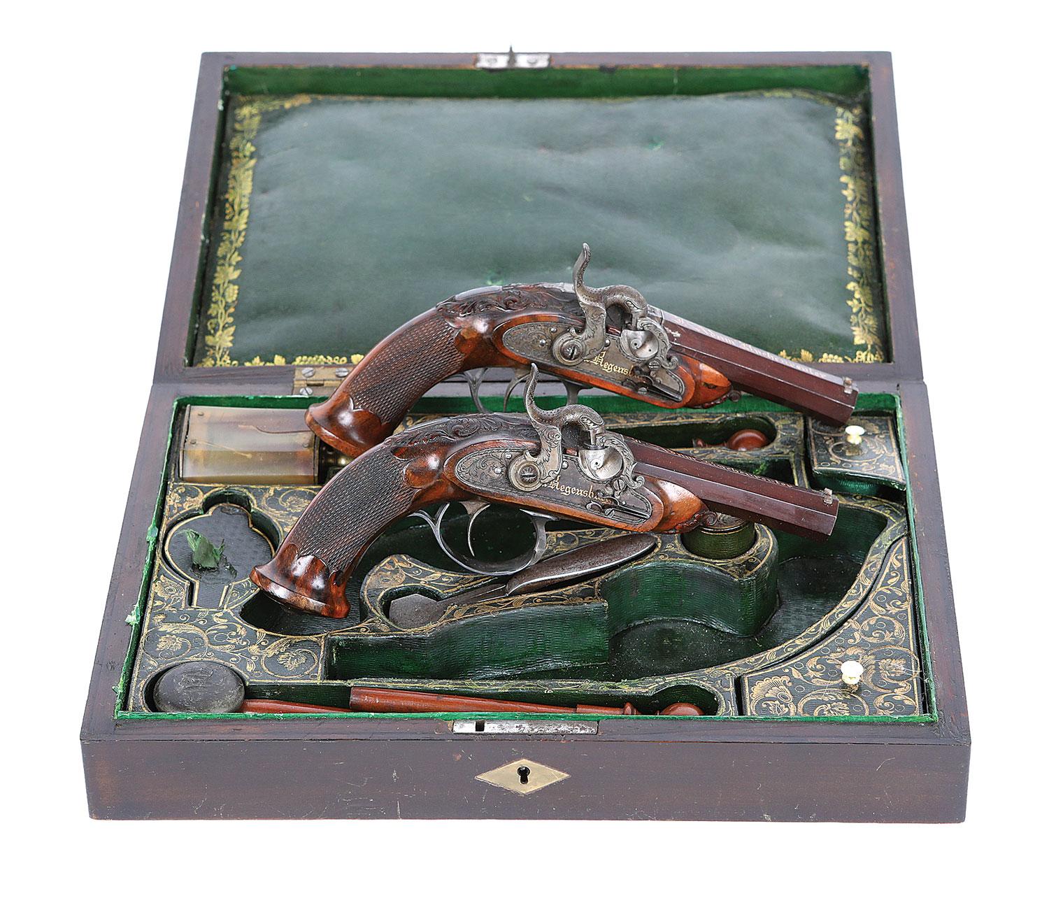 Superb Cased Pair of Diminutive Bavarian Percussion Pocket Pistols by Johan Adam Kuchenreuter