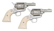 Exquisite Cased Pair of Engraved Colt Third Generation Sheriff's Model Single Action Army Revolvers