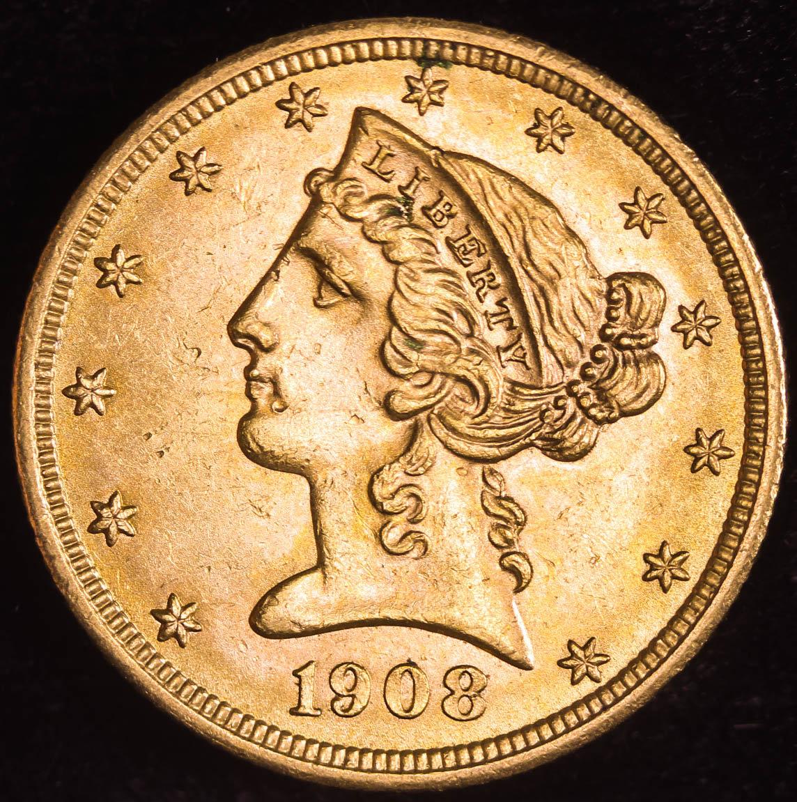 1908 $5 GOLD LIBERTY HALF EAGLE COIN GEM BU UNC MS++++ COIN!!!