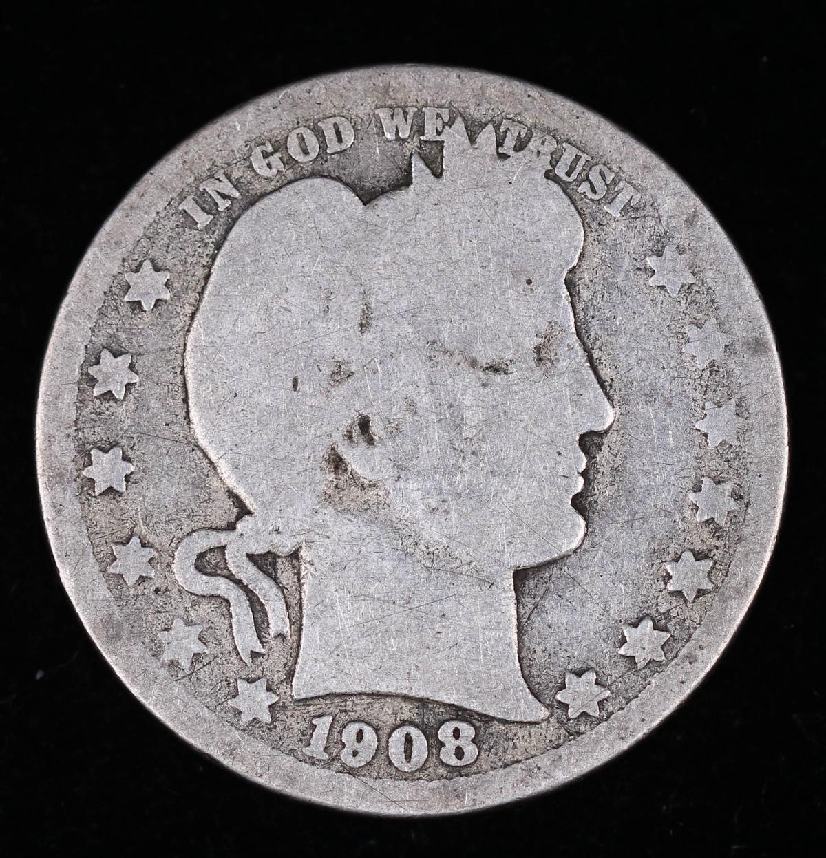 1908 O BARBER SILVER QUARTER DOLLAR COIN