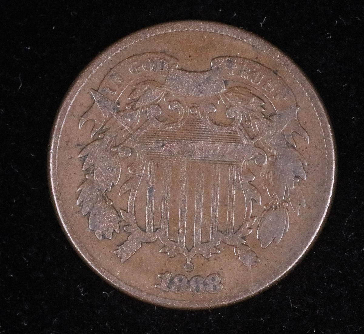1868 TWO CENT US COPPER PIECE COIN