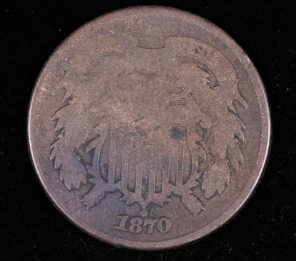 1870 TWO CENT US COPPER PIECE COIN