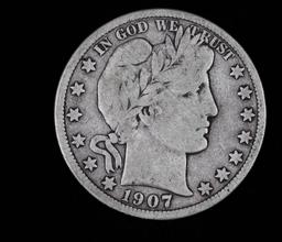 1907 D BARBER SILVER HALF DOLLAR COIN