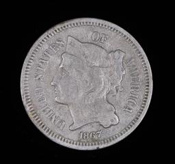 1867 THREE CENT US NICKEL COIN